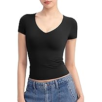 PUMIEY V Neck T Shirts for Women Short Sleeve Sexy Going Out