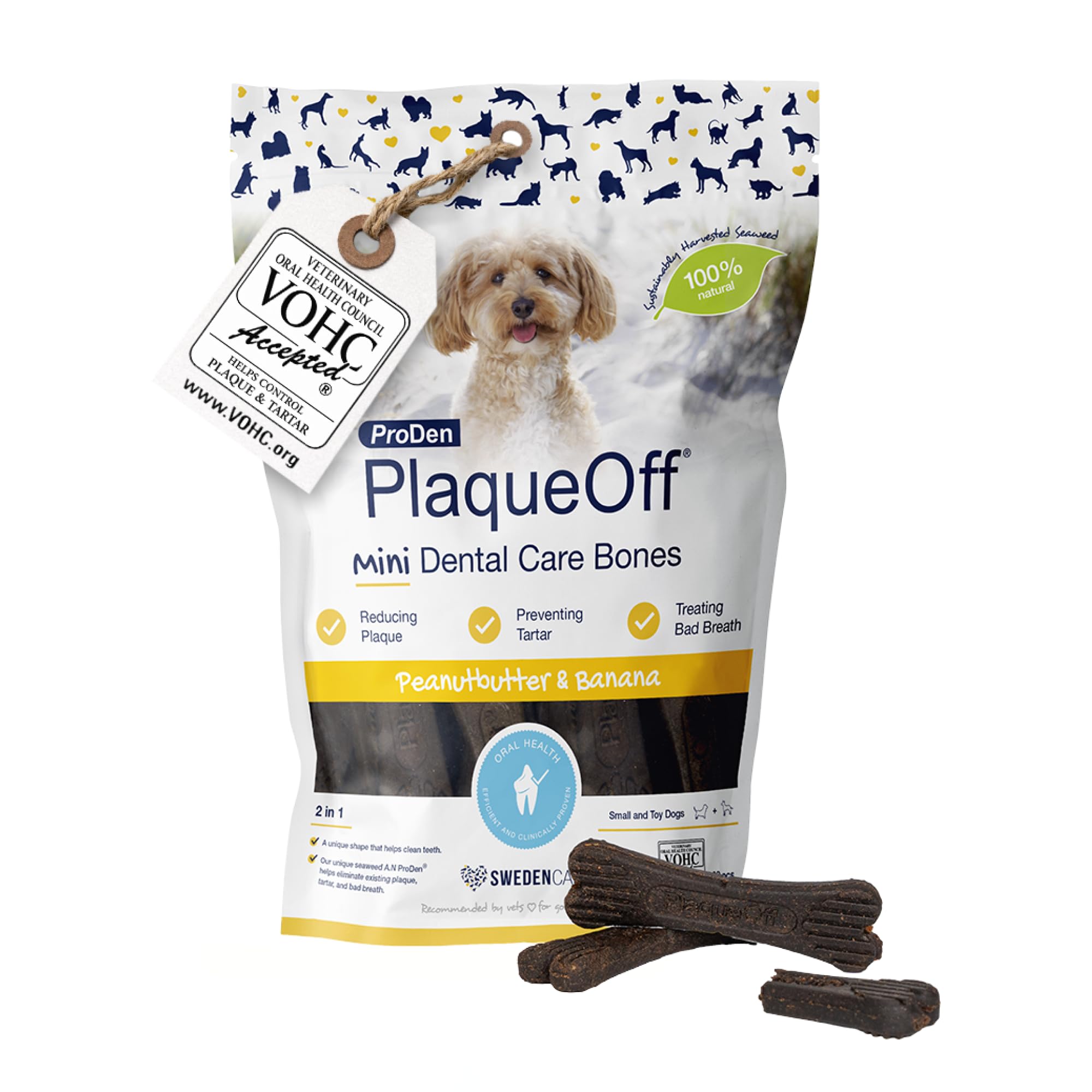 ProDen PlaqueOff Dental Bones for Small Dogs, 20 Mini Bones Helps to Remove Tartar, Plaque, & Bad Breath Improves Overall Oral Health - Peanut Butter & Banana