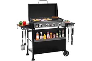 Royal Gourmet PD4001 4 Burner Propane Gas Griddle with Removable Standing Cart, Convertible to Tabletop Design, Flat Top Grill with Hood for Camping, Tailgating, Backyard, Black