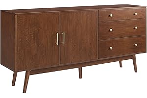 Walker Edison Mid-Century Modern Wood Kitchen Buffet Sideboard Entryway Serving Storage Cabinet Doors-Dining Room Console, 70 Inch, Walnut