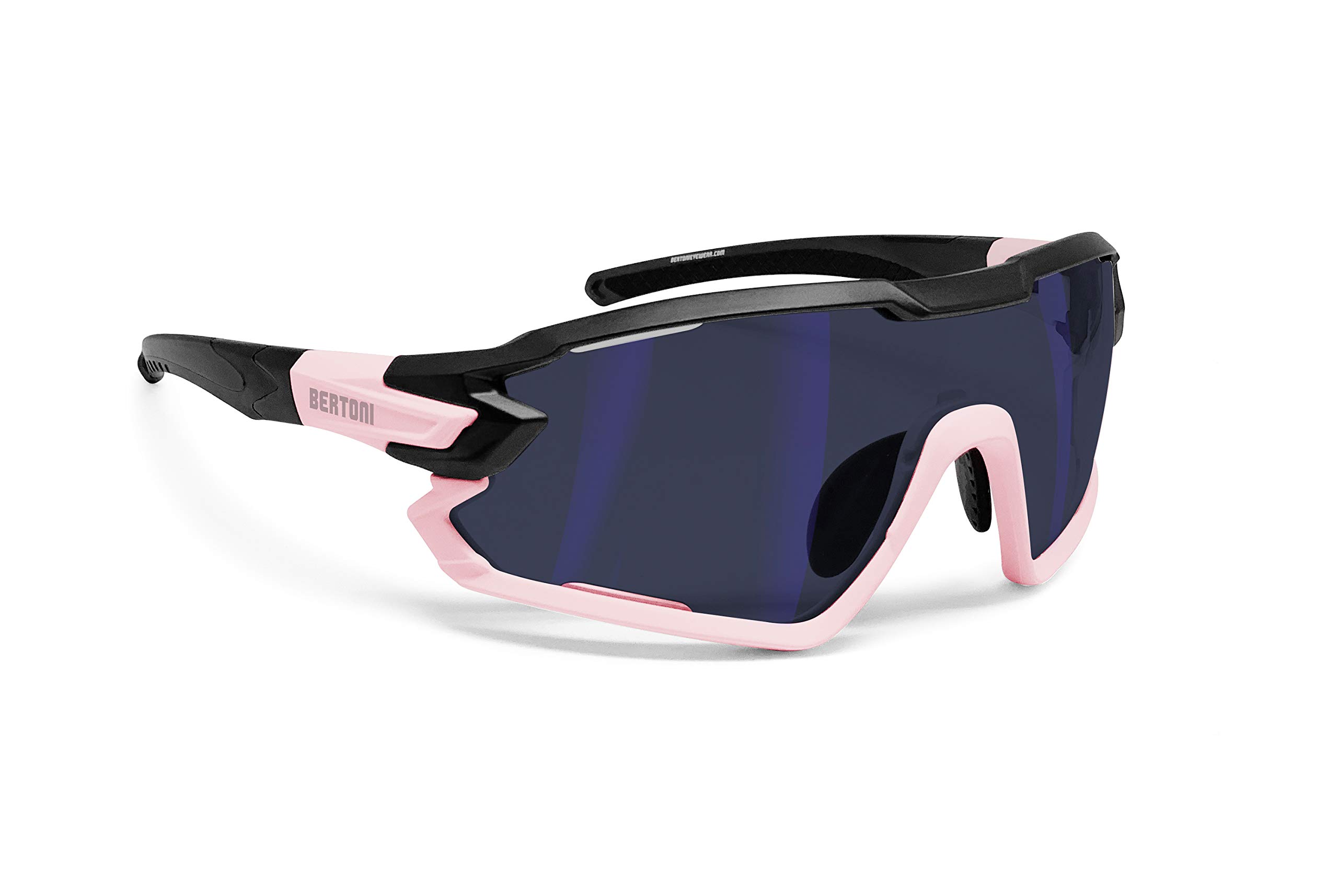 BERTONI Sport Sunglasses Cycling MTB Running Ski Golf Polarized Photochromic with Optical Carrier mod. QUASAR (Black-Pink/Blue Mirror)