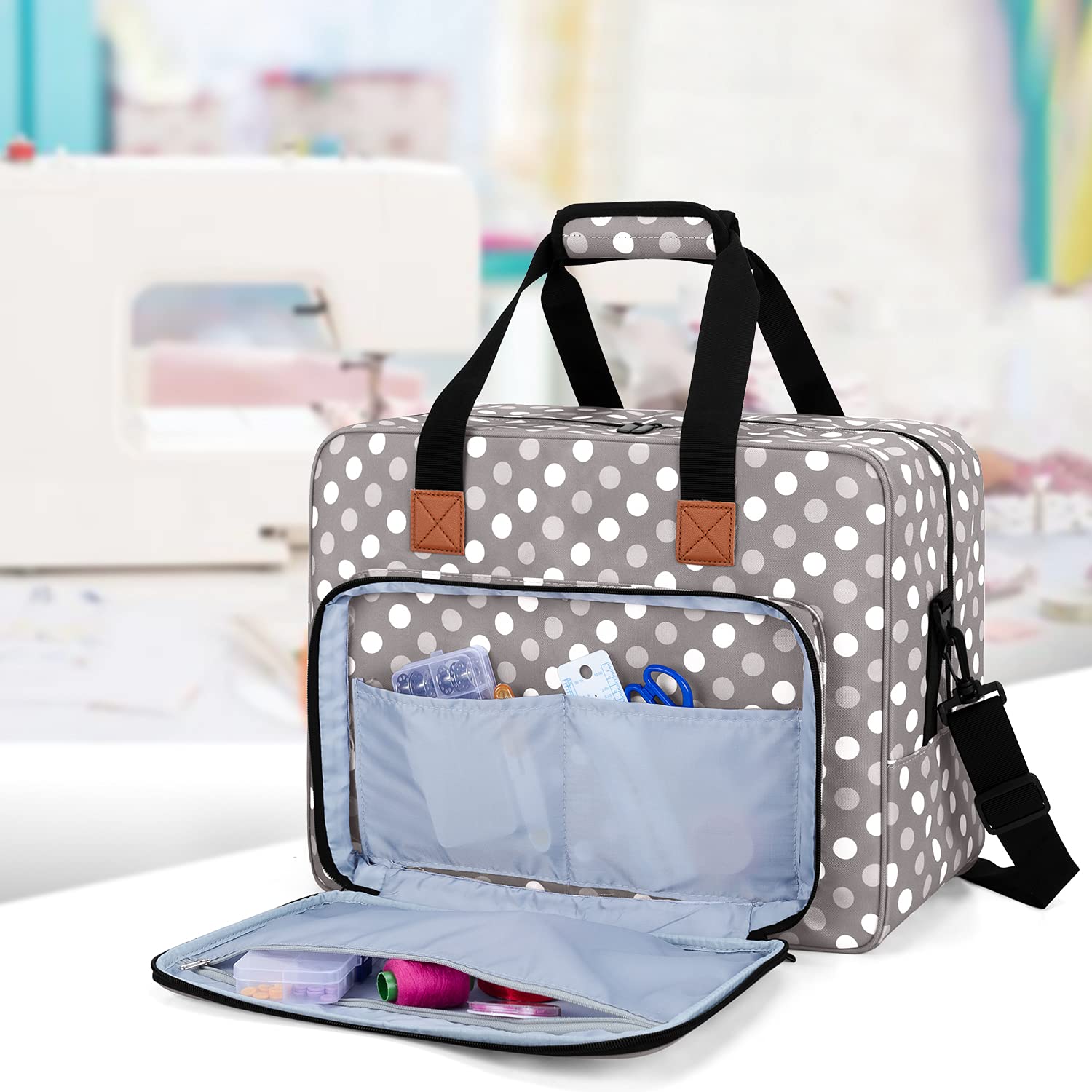 LUXJA Sewing Machine Bag, Portable Tote Bag Compatible with Most Brother, Singer Sewing Machines and Extra Sewing Accessories, Gray Dots