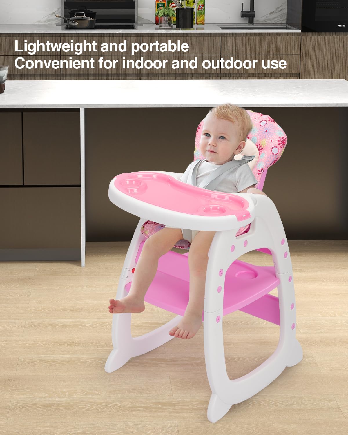 SANDINRAYLI High Chair, Convertible Highchairs for Babies and Toddlers, Baby Feeding Chair, Adjustable Infant Eating Chair for Girls & Boys, Easy Clean Toddler High Chair 3-5 Year Old, Pink