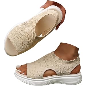 Hbeylia Women's Breathable Knit Mesh Sandals Elegant Orthopedic Sports Sandals Comfortable Waking Washable Barefoot Slip-On S