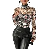 Kentysill Women's Sexy Bodysuit for Outfits: Mock Turtle Neck Long Sleeve Body Suit - Mesh Sheer Ruched Going Out Bodysuits
