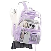 WEPOET Clear Backpack For School Women Men, Heavy Duty Transparent See Through Backpack, Waterproof Clear Bookbag For Teens Boys Girls, College Students Plastic Backpacks For Stadium Events (Purple)