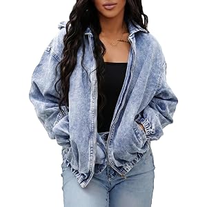 SHEWIN Womens Jean Jacket Vintage Long Sleeve Drop Shoulder Zip Up Elastic Hem Loose Washed Hooded Bomber Jacket Coat