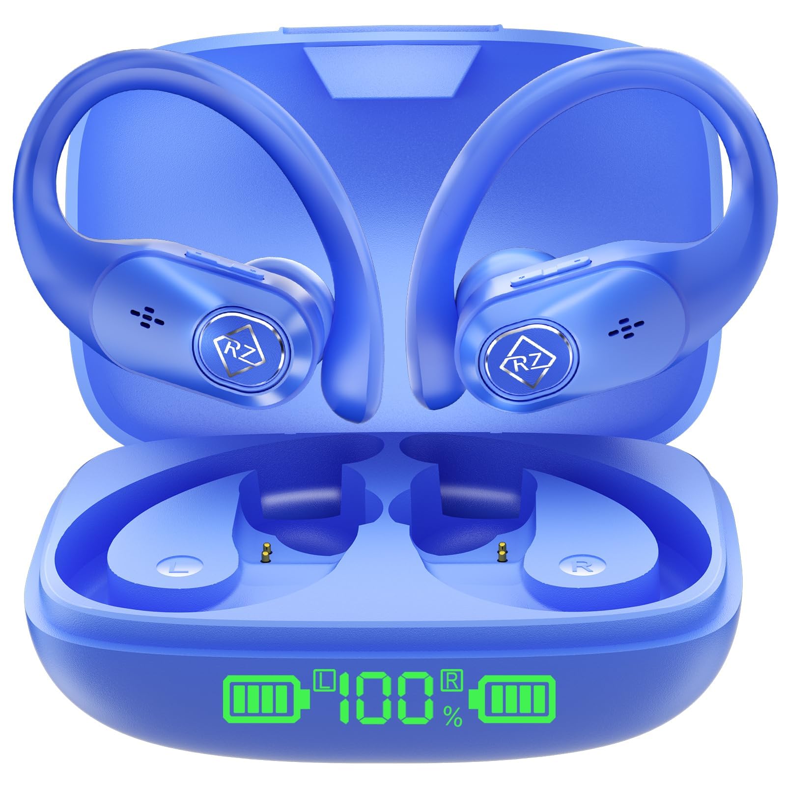 RIZIZI Wireless Earbuds Bluetooth Headphones Wireless Charging Case LED Display 96H Playtime Built in Mic Over Ear Buds Waterproof Earphones with Earhooks Deep Bass for Sport Running Workout Game PC