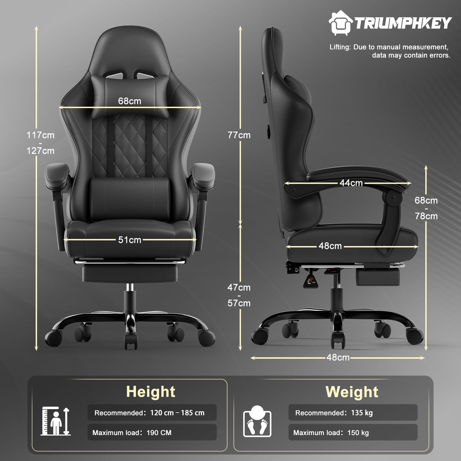 Triumphkey Gaming Chair For Adults With Footrest, Ergonomic Computer Chair With Massage Lumbar Support, Reclining Backrest, Swivel Office Gamer Chair With Headrest, Black - View 3