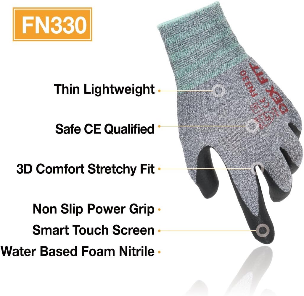 DEX FIT Nitrile Work Gloves FN330, 3D Comfort Stretch Fit, Durable Power Grip Foam Coated, Smart Touch, Thin Machine Washable, Grey Medium 3 Pairs Pack - - 