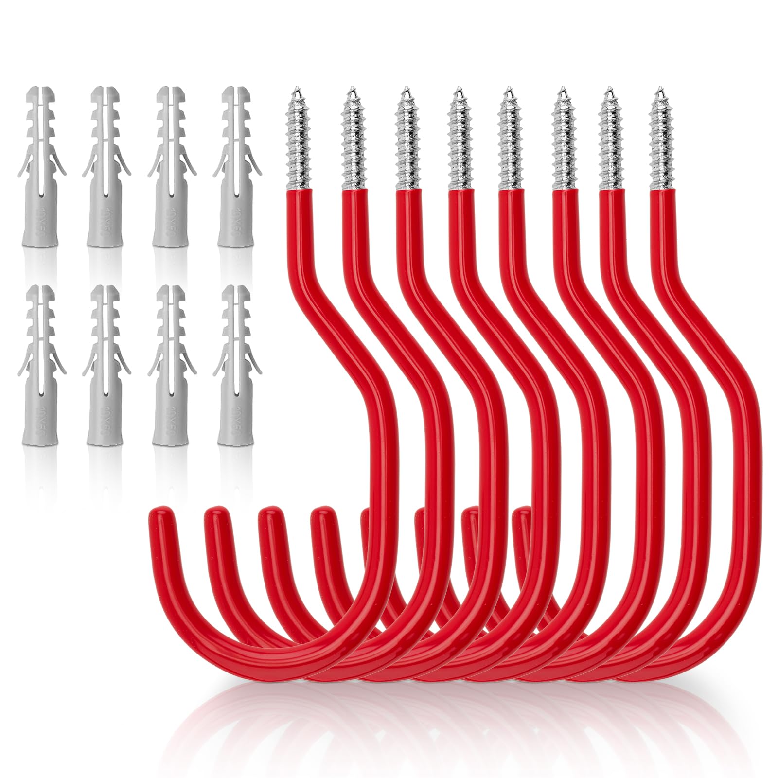KINGLAKE 8 Pcs Red Bike Hooks, Garage Storage Hooks Large Screw-in Shed Hooks, Heavy Duty Ceiling Hooks Wall Mount Plastic Coated Bicycle Tool Hanger Hooks for Wall Bike Hanging