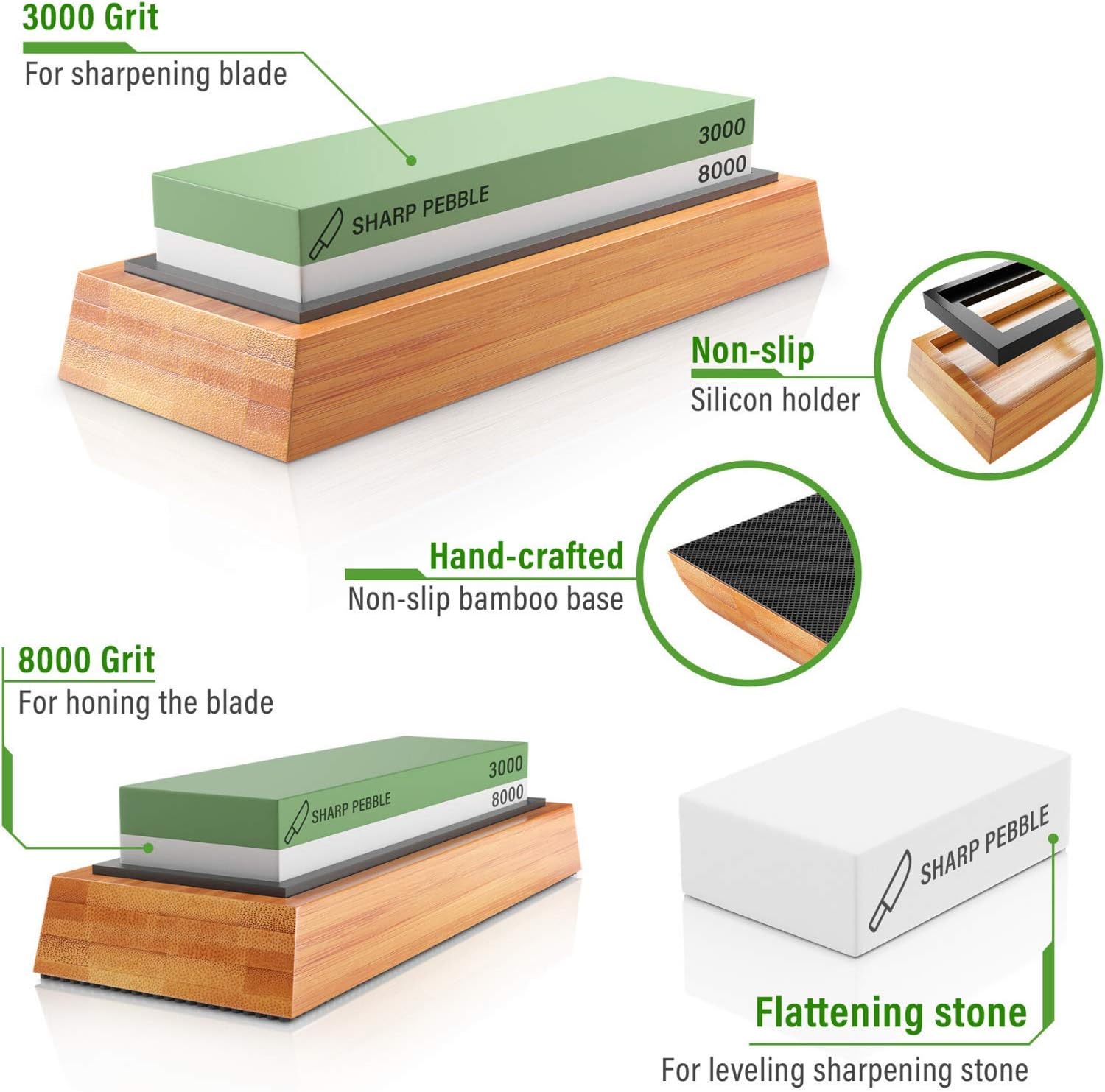 Sharp Pebble Premium Sharpening Stones 2 Side Grit 3000/8000 Whetstone - Kitchen Knife Sharpener Waterstone with Non-Slip Bamboo Base & Flattening Stone - - 