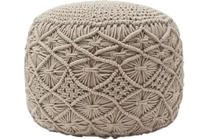 Ornavo Home Pouf Ottoman Foot Rest - 100% Cotton Pouffe - Hand Knitted Macrame Braid - Boho Round Stuffed Ottoman for Living Room, Bedroom - Beige