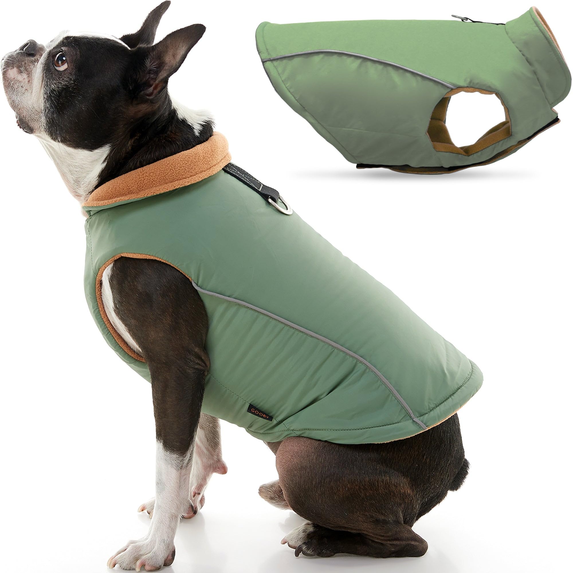 Photo 1 of Gooby Sport Vest - Green, X-Small, Reflective Dog Vest with D Ring Leash, Warm Fleece Lined Small Dog Sweater