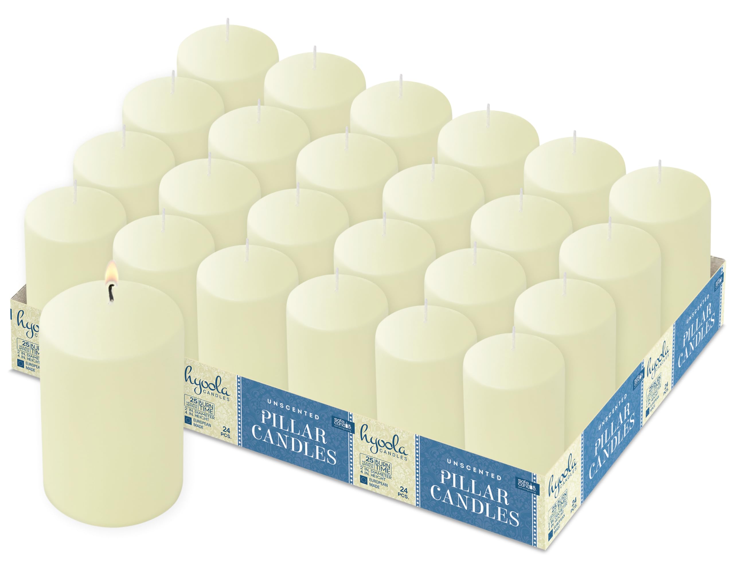 Hyoola Ivory Pillar Candles 50/100 mm (2 x 4 Inch) - 24 Pack Unscented Pillar Candle Set - European Made