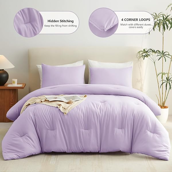 COZYLUX FULL SIZE COMFORTER SET LAVENDER, 3 PIECES LIGHTWEIGHT DOWN ALTERNATIVE QUILTED BEDDING SETS, LIGHT PURPLE ALL SEASONS BREATHABLE SOLID COMFORTER WITH 2 PILLOWCASES, SOFT BED SET FOR BEDROOM