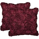 PiccoCasa 2 Pcs 3D Flowers Throw Pillow Cover, Romantic Decorative Satin Cushion Cover, Stereo Roses Pillow Cover for Bed Sofa Couch, 16'' x 16'', Wine Red