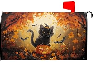GRANBEY Halloween Cat Magnetic Mailbox Covers Spooky Kitten Pumpkin Waterproof Letter Box Cover Standard Size Fall Maple Leaf Forest Bat Decorative Holiday Post Wraps for Home Garden Yard Outdoor 21x18 Inch