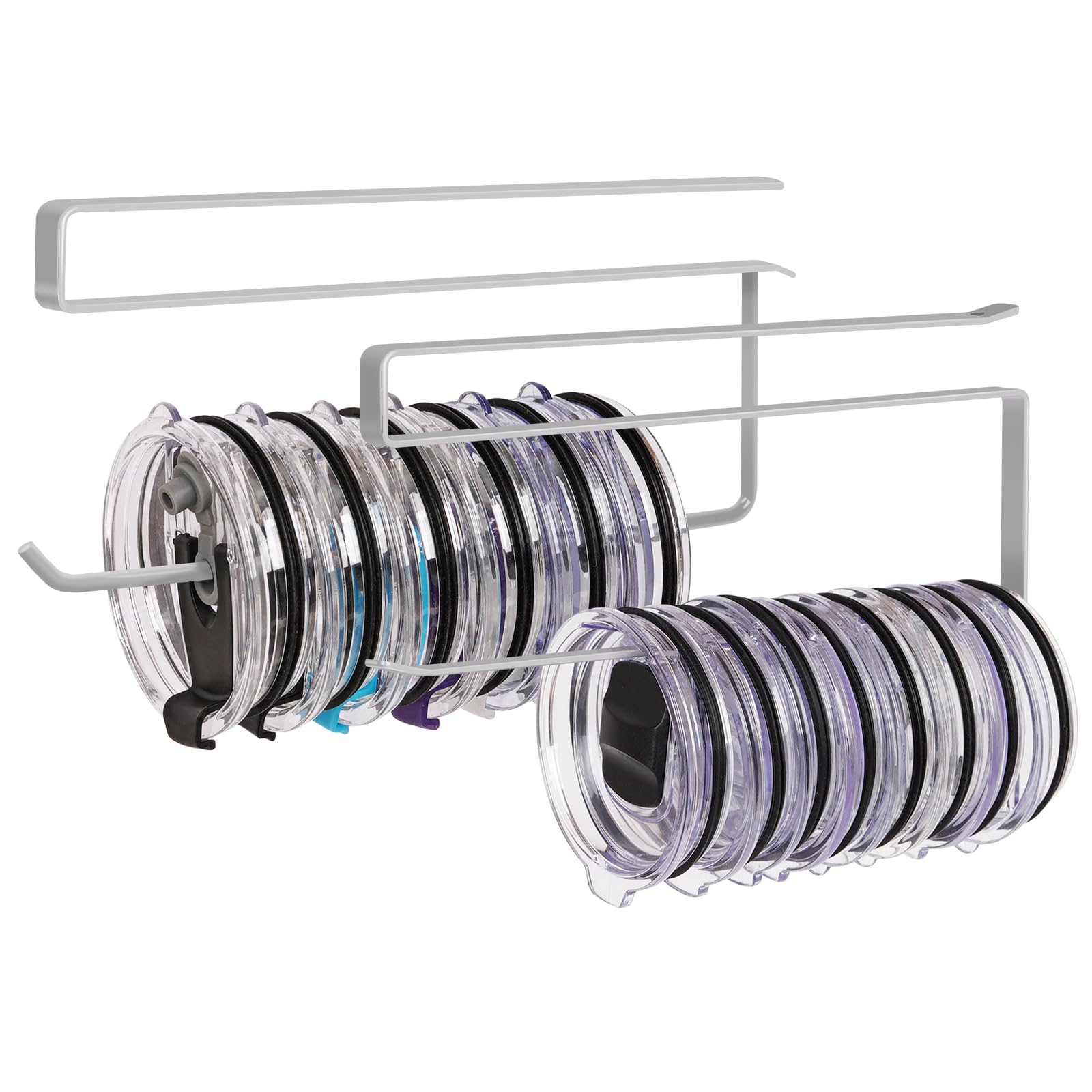 View 1 of 2 Pack Tumbler Lid Organizer, Horizontal Tumbler Lid Storage Hook Up to 20 Lids, Space Saving Cup Lid Holder Under Cabinet Tumbler Lid Hook for Kitchen Organizer, Paper Towel Hanger(Round&Flat, Grey)