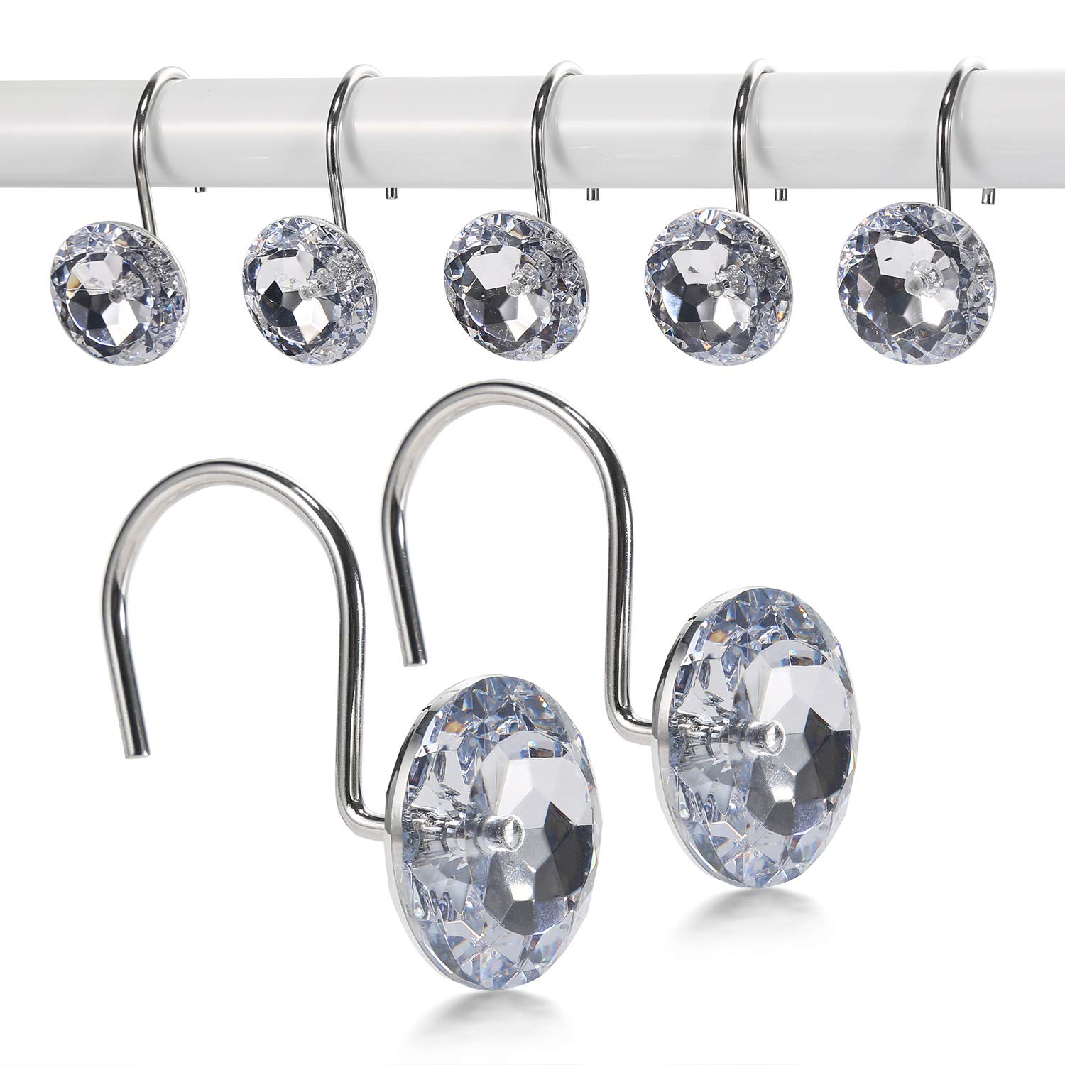 Goowin 12 Pcs Acrylic Crystal Shower Curtain Rings & Hooks, Metal Electroplate Rust-Resistant Smooth Sliding Single Rings for Decorating Curtains