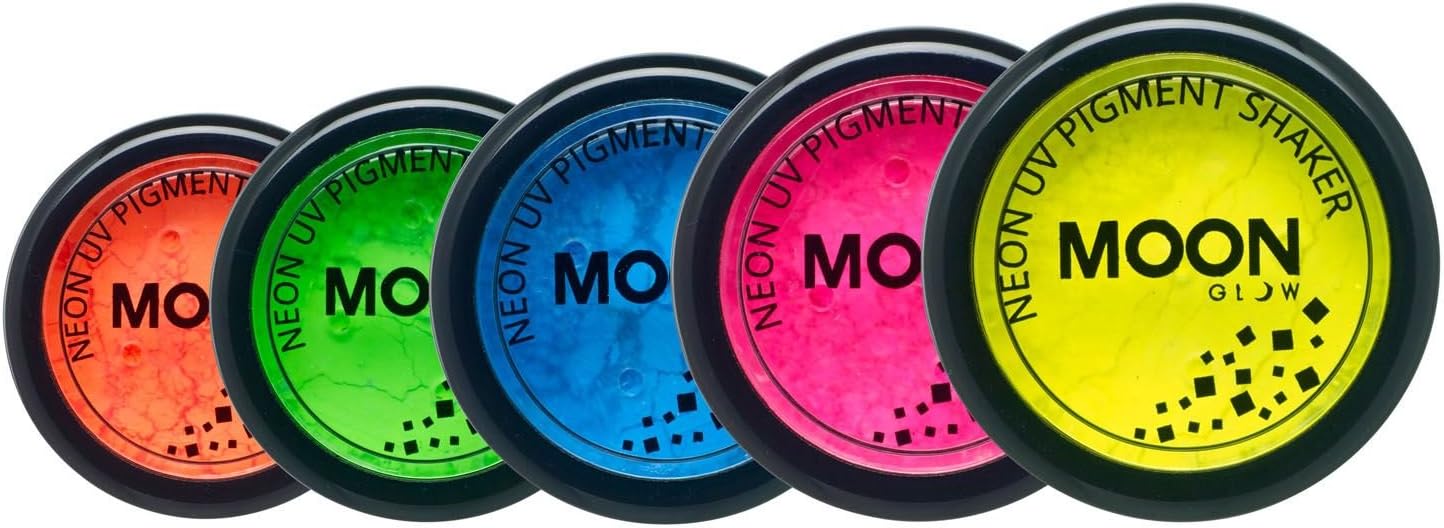 Neon UV Pigment Shakers by Moon Glow - Set of 5 colours - Cosmetic Bright Neon Powder,Dust, Eye Shadow, Make up for Face Eyes & Body
