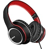 LORELEI X8 Over-Ear Wired Headphones with Microphone with 1.45m-Tangle-Free Nylon Line&3.5mm Plug,Lightweight Foldable & Portable Headphones for Smartphone,Tablet,Computer,Mp3/4(Black-red)
