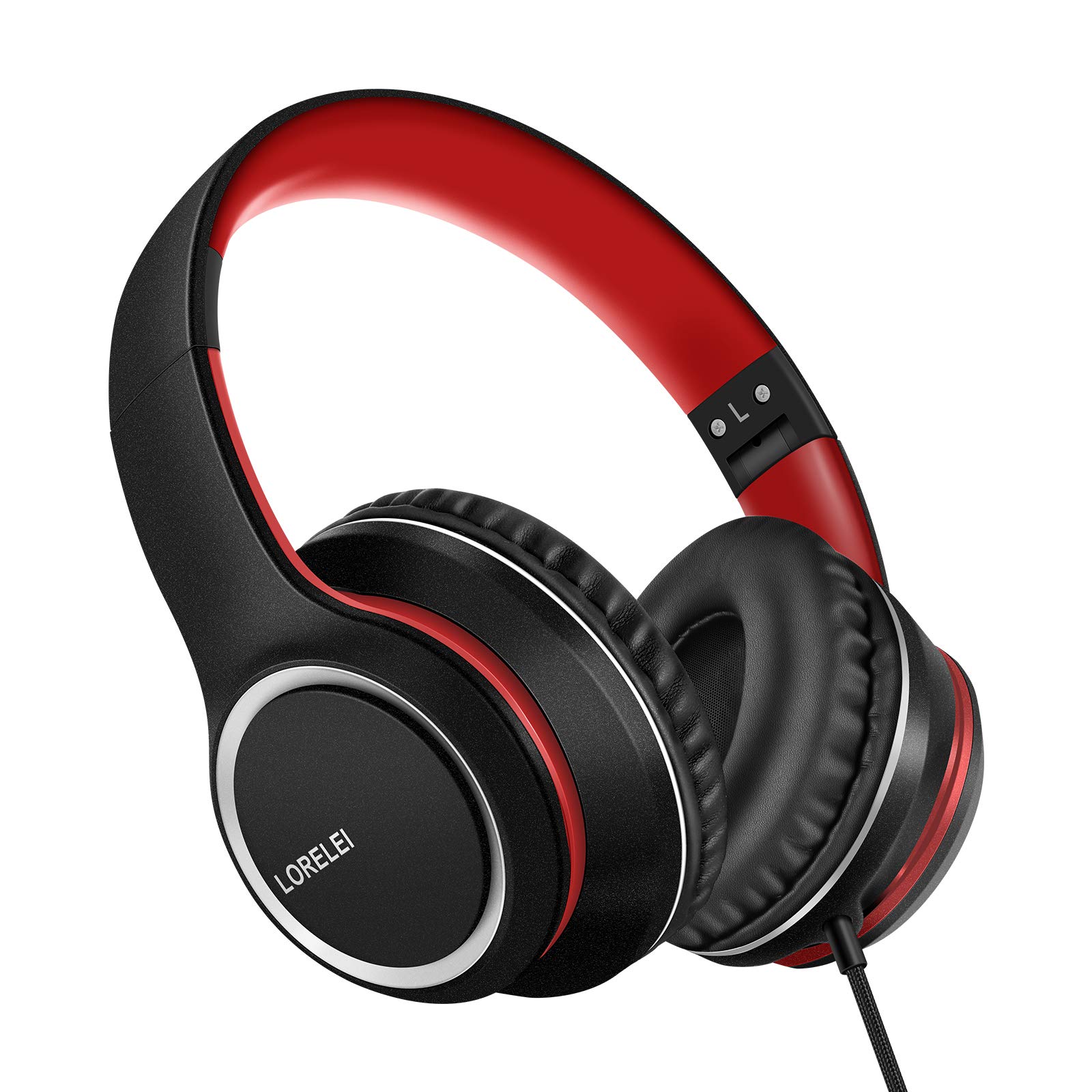 Photo 1 of LORELEI X8 Over-Ear Wired Headphones with Microphone with 1.45m-Tangle-Free Nylon Line&3.5mm Plug,Lightweight Foldable & Portable Headphones for Smartphone,Tablet,Computer,Mp3/4(Black-red)