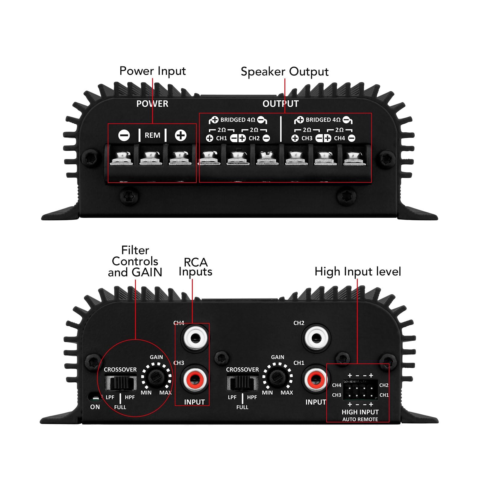 Taramps TS 400x4 Black with Automatic High Level Input 400 watts RMS 4 Channels Full Range Car Audio Amplifier RCA Input Class D 2 Bridged Channels Multichannel Amplifier System