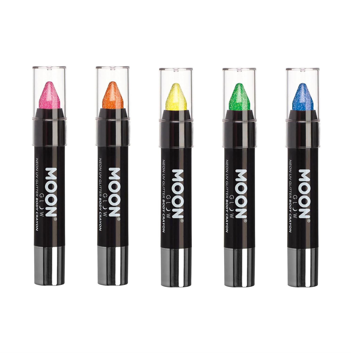 Moon Glow - Blacklight Neon Glitter Face Paint Stick/Body Crayon makeup for the Face & Body - Set of 5 colours - Glows brightly under blacklights