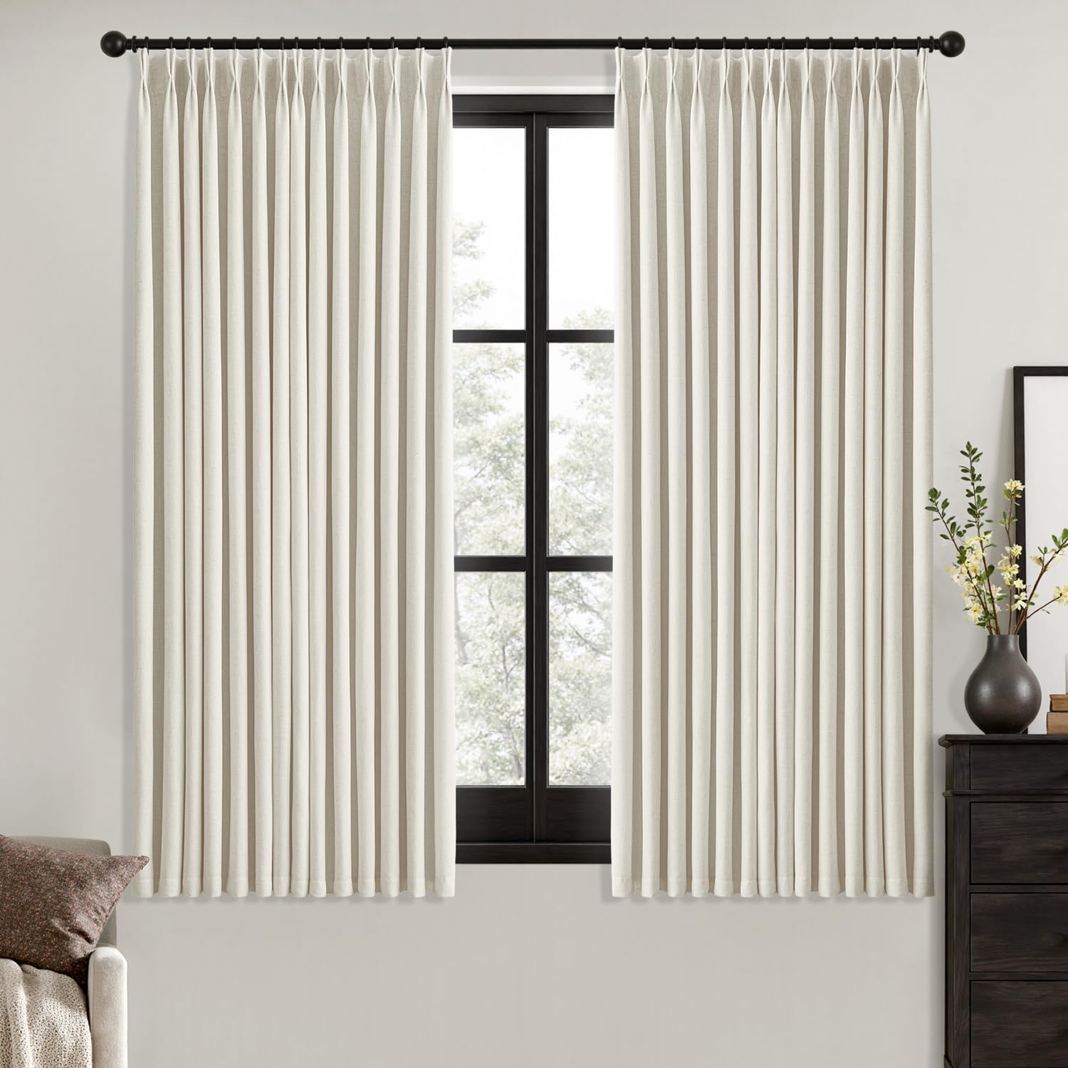 Photo 1 of MIULEE Natural Pinch Pleated 100% Blackout Linen Curtains for Bedroom, Room Darkening Light Blocking Window Curtains 63 inches Long for Living Room, Black Out Pleat Drapes with Pin Hooks, 2 Panels