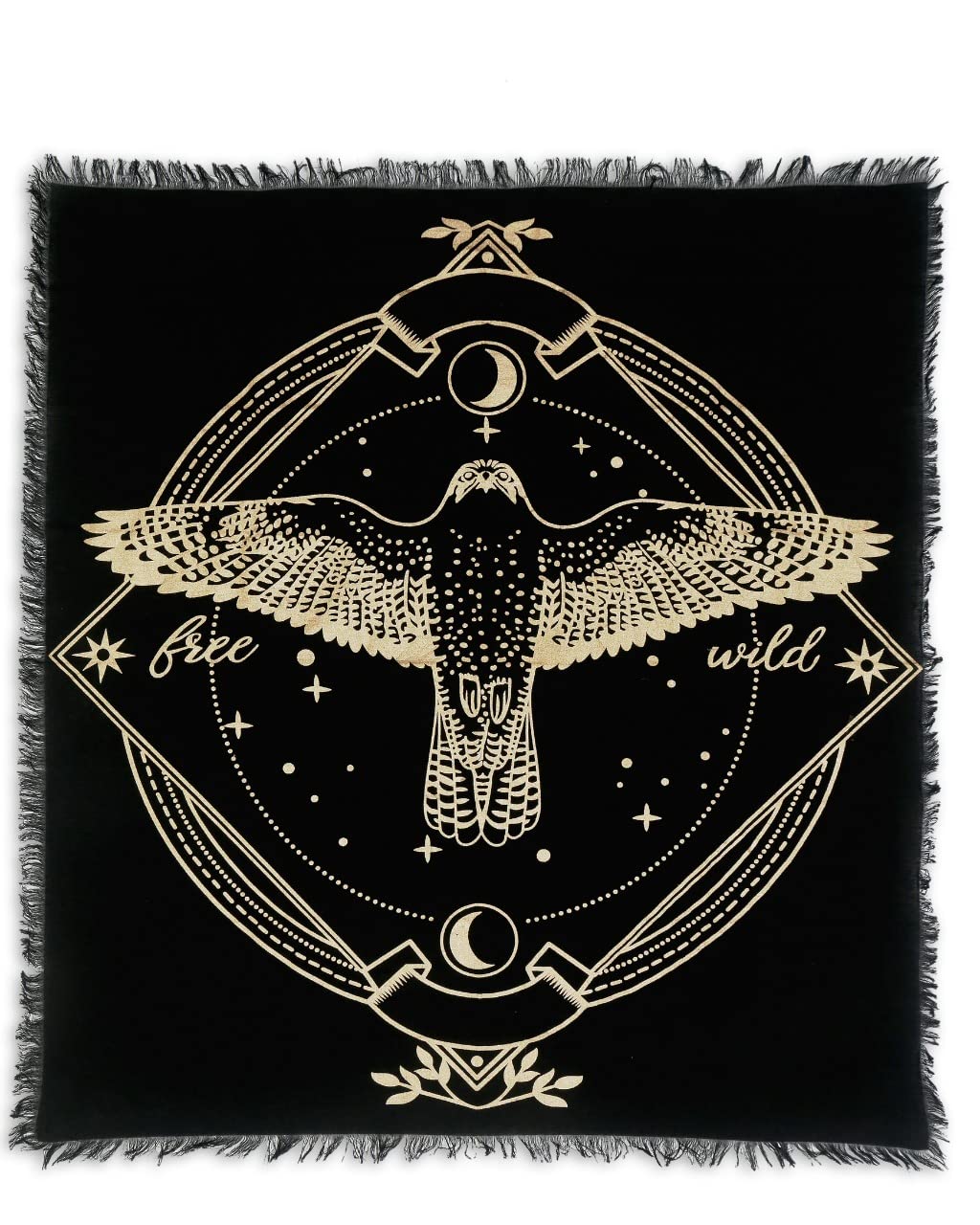 Indian Consigners Witchcraft Altar Cloth 18x18” with Owl & Moon Phases – Golden Wicca Tarot Spread Table Cloth