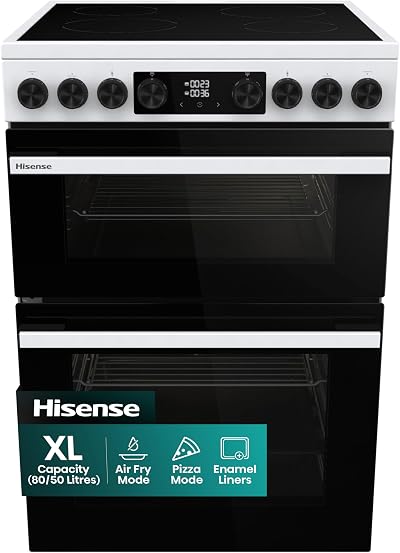 Hisense 60cm Electric Cooker Ceramic Hob White A Rated Double Oven 50L/80L
