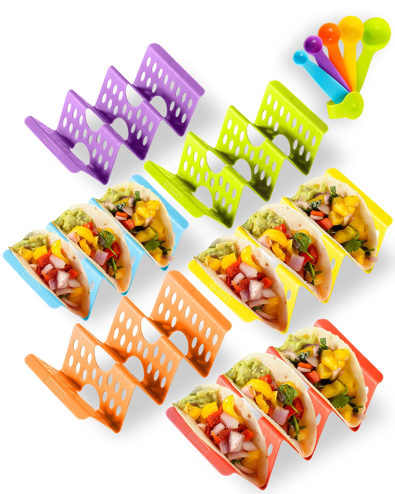 Photo 1 of Premium Taco Holder Stand, Colorful Large Taco Holders Set of 6 or 4, Taco Stands for 3 Tacos for Soft/Hard Shells, Street Taco Rack with Plates & Tray, Dishwasher & Microwave Safe