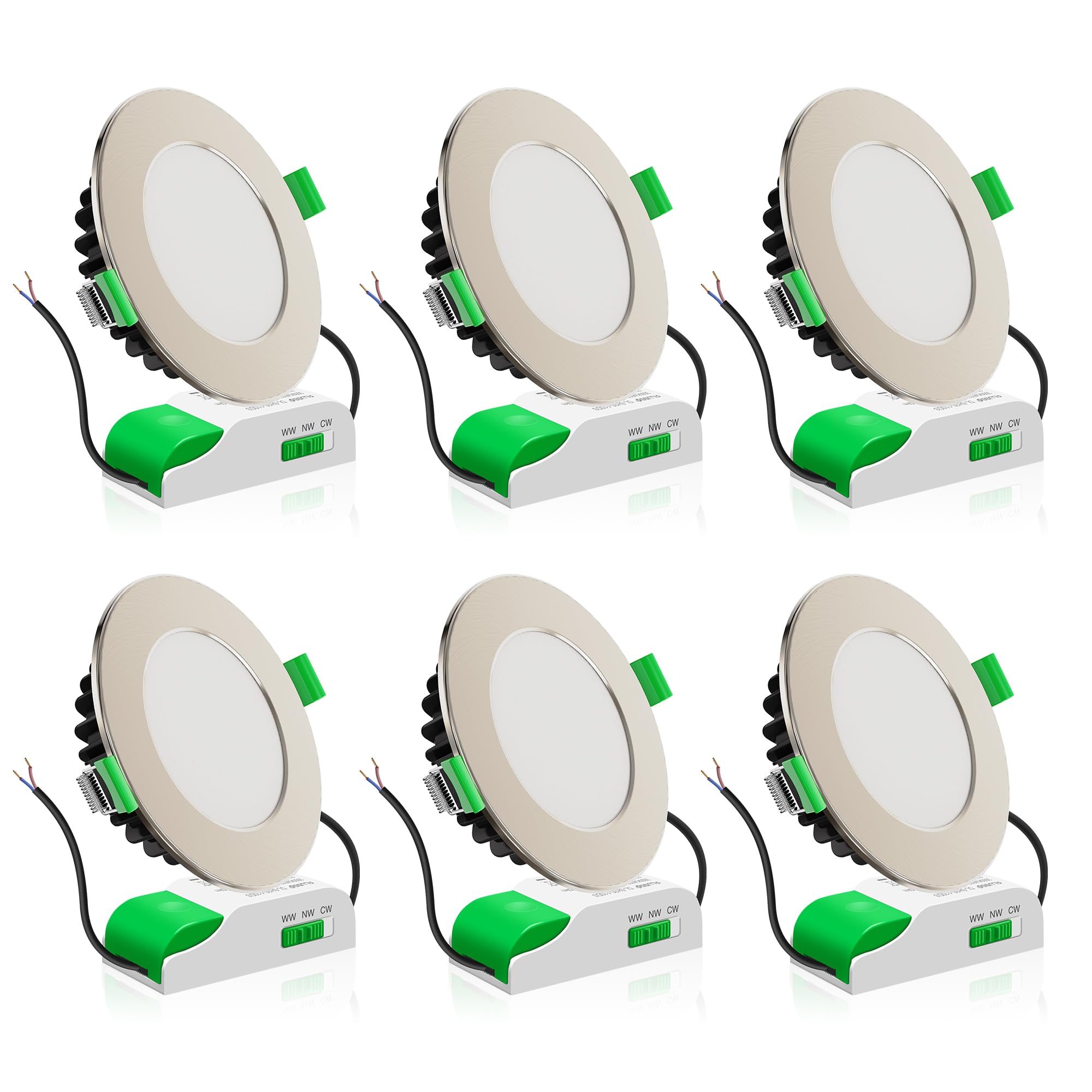 ALUSSO LED Downlights Ceiling Dimmable 10W IP44 Recessed Ceiling Lights Warm White 3000K Neutral White 4000K Cool White 5700K Adjustable Bathroom Kitchen Spotlights, Brushed Nickel, 6 Pack