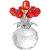 YWHL Handmade Crystal Red Rose Flower Figurine With Round Vase, Romantic Gifts for Women on Anniversary Mother's Day Birthday, Collectible Figurines for Home Party Wedding Decorations
