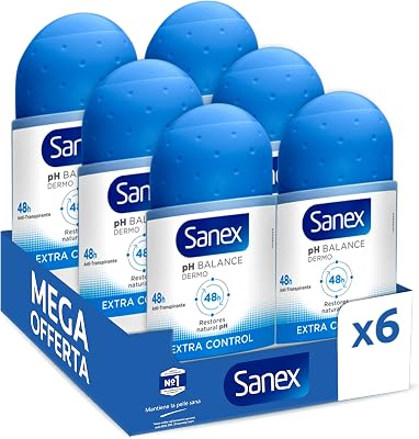 Deodorante Sanex Roll-on Dermo Extra Control, 50 ml, Confezione da 6 Pezzi