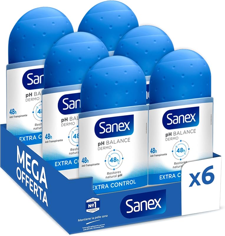 Deodorante Sanex Roll-on Dermo Extra Control, 50 ml, Confezione da 6 Pezzi