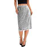 Yousify Womens Sequin Midi Skirts Y2K Elastic High Waisted Lace Trim Sparkly Stretchy Night Out Club Concerts Party Skirt