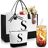 Aliceset Initial Gifts for Women Monogram Canvas Tote Bag and Makeup with Zipper and Initial Glass Coffee Cup Gifts for Her