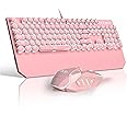 Retro Pink Typewriter-Style Keyboard and Mouse Combo, Cute Light Up Wired Mechanical Keyboard with Linear Red Switches, Full Size for Gaming, Work, Mac, PC, Windows