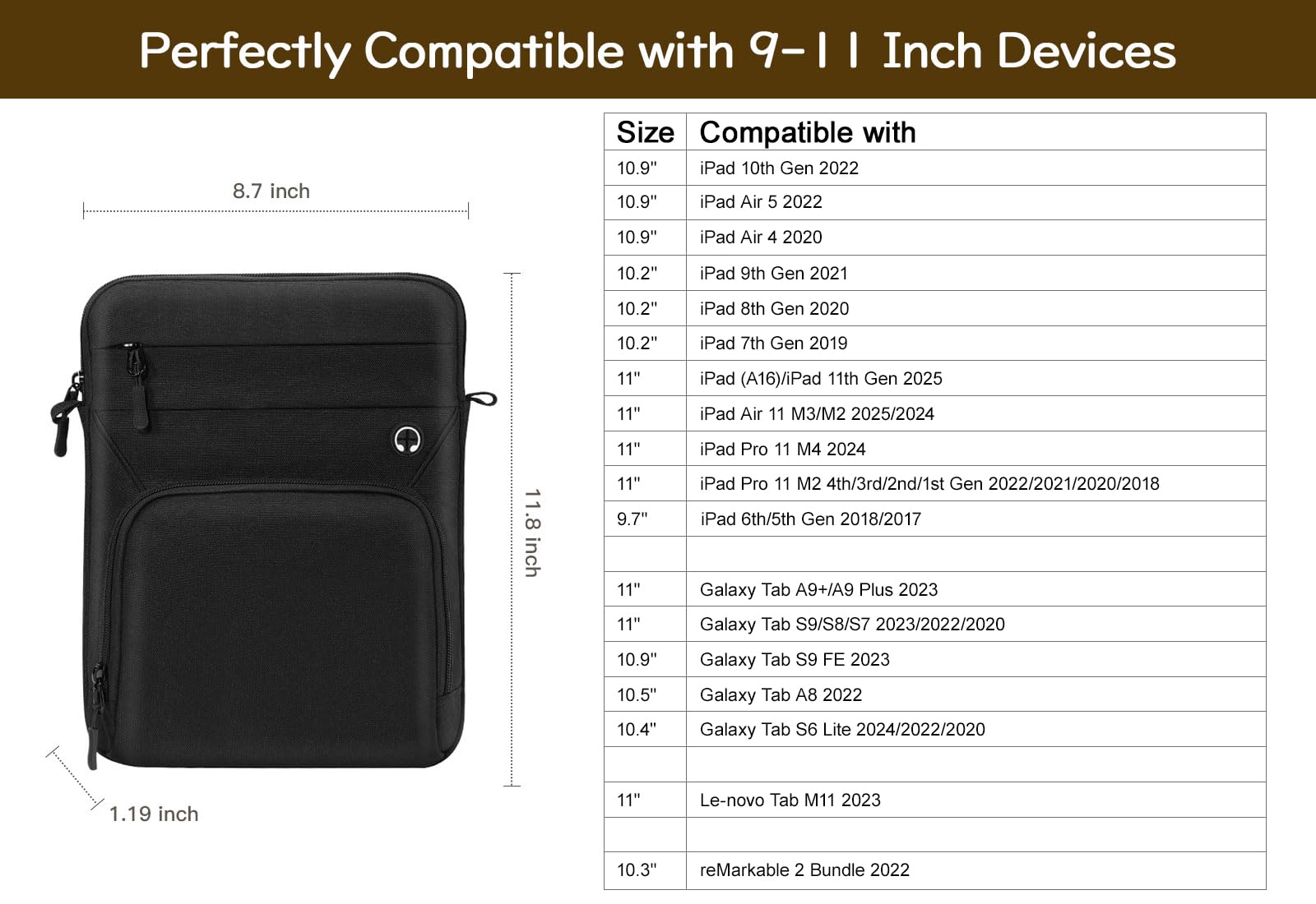 9-11 Inch Tablet Sleeve Bag with Shoulder Strap for iPad 10th Gen 10.9
