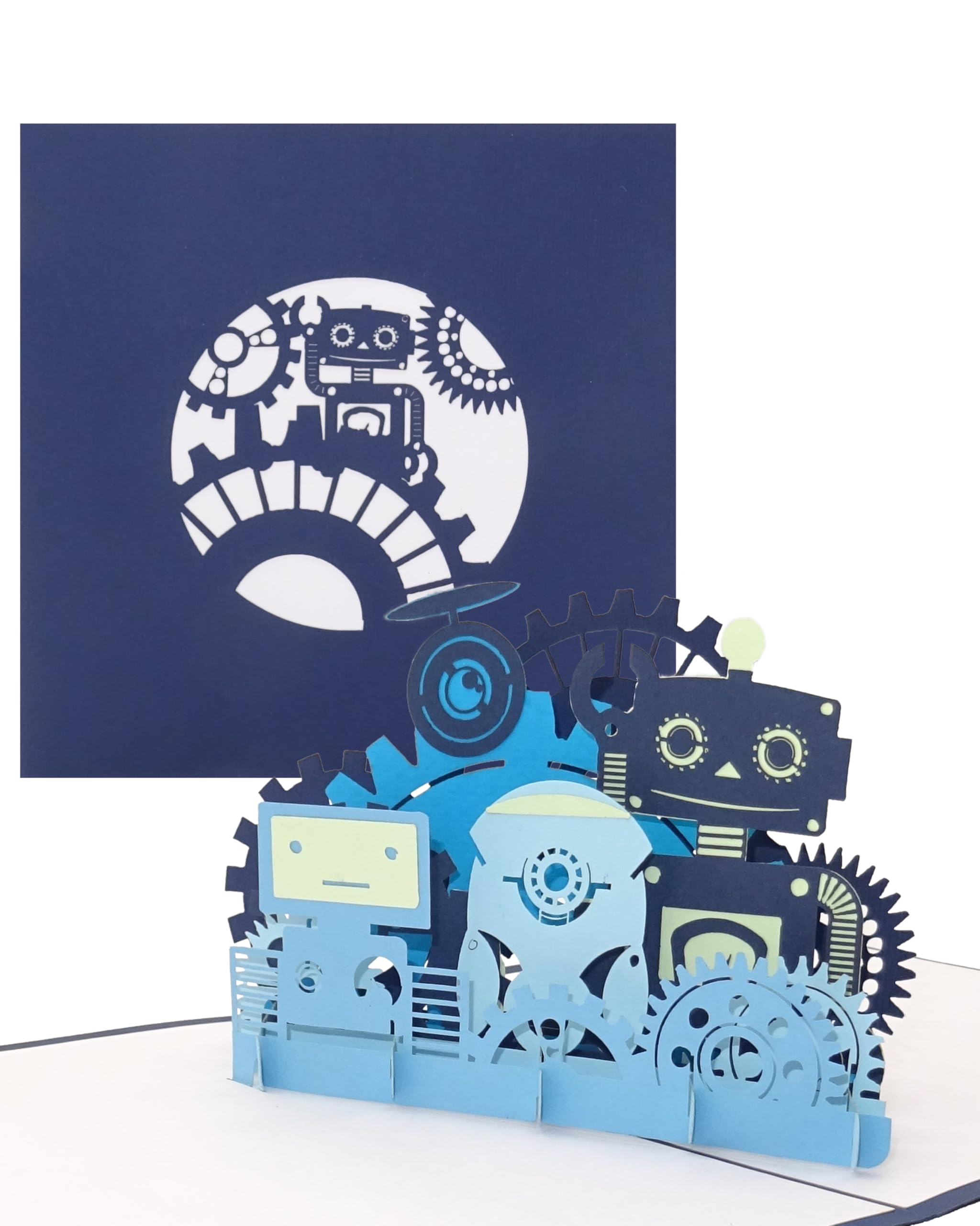 Pop Up card "Funny Robots", funny robot greeting card as a birthday card, invitation card, gift certificate or gift for a kid's birthday