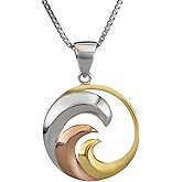 Aloha Jewelry Co. 14K Gold Plated Tri-Color 925 Sterling Silver Ocean Wave Necklace Pendant with 18" Box Chain, Hypoallergenic Nickel Free for Sensitive Skin, Gift Box Included