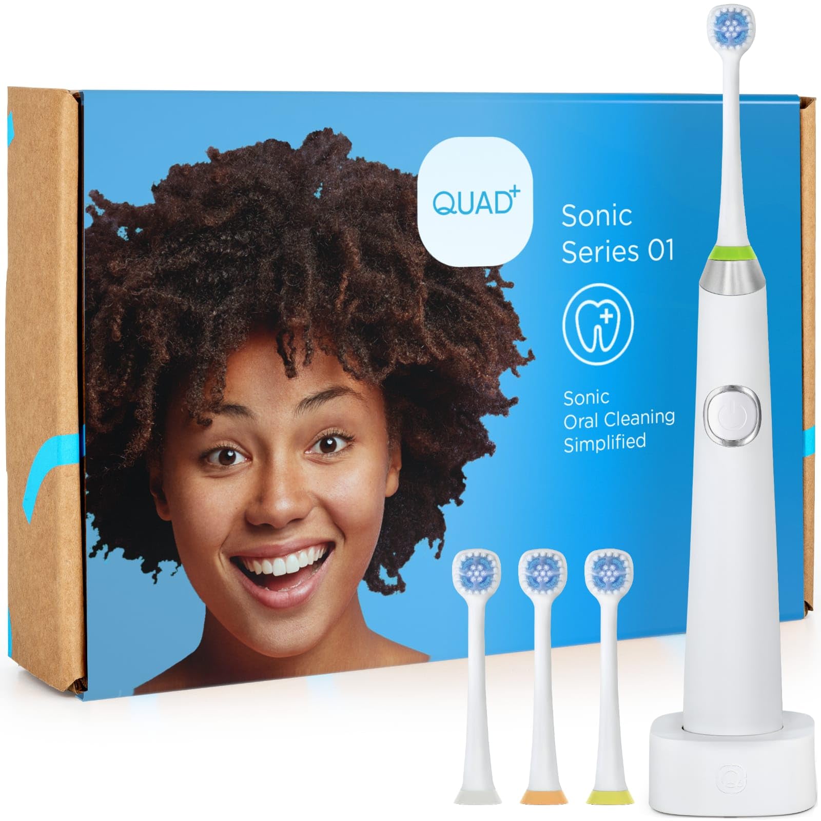 QUAD Sonic Care Electric Toothbrush, Magnetic Attract Charge Base, USB Charge, 4 Unique Quad Heads Included & Travel Pouch