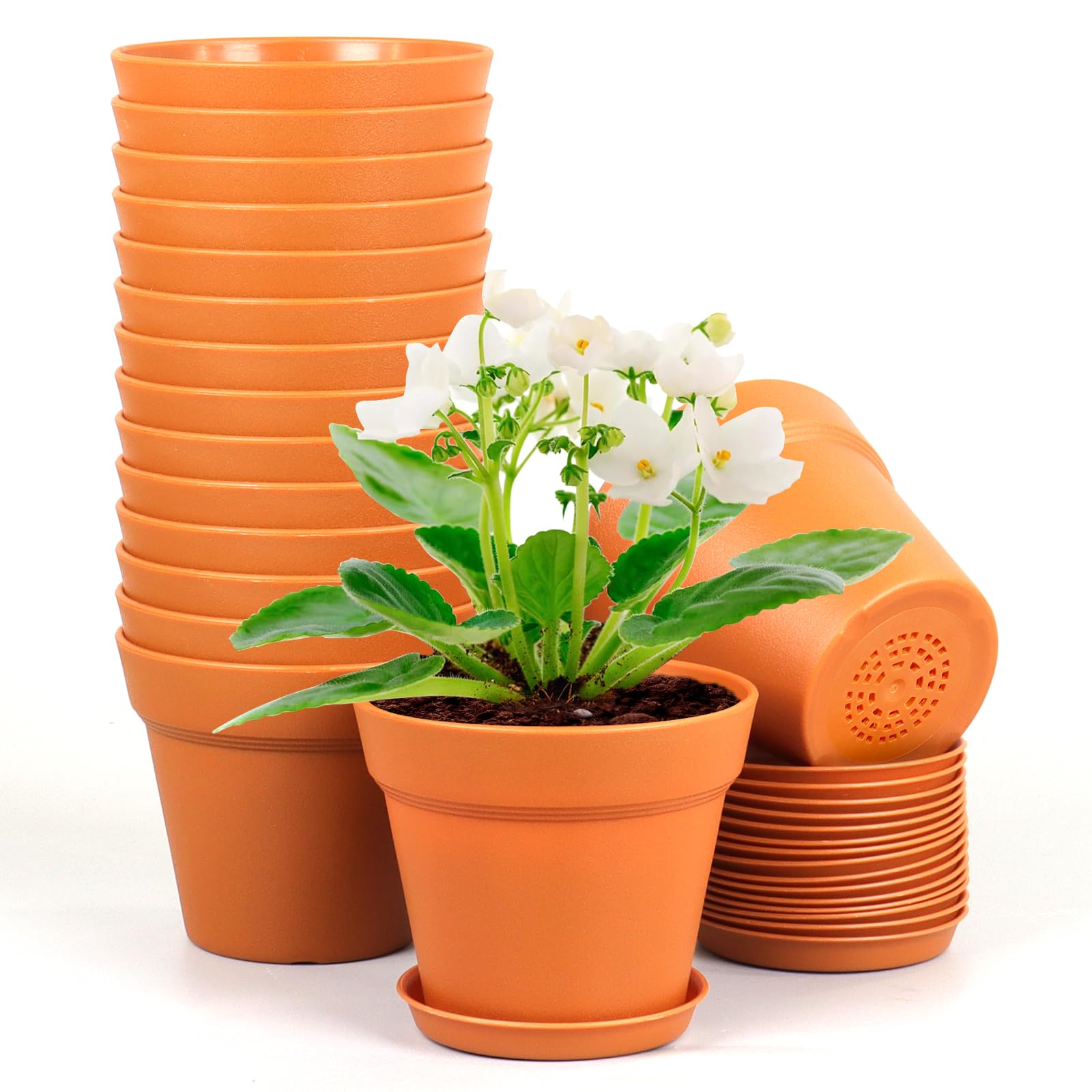 Photo 1 of Meowell 6 inch Plastic Nursery Pots, 16 Pack Plant Pots for Indoor Outdoor Plants, Flower Pots with Drainage Holes and Saucers, Decorative Seedling Starter Planters for House Plants, Terracotta