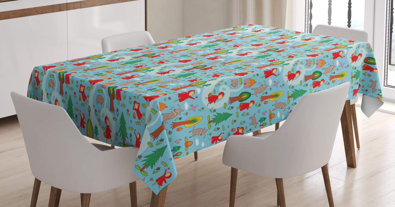ABAKUHAUS Fantasy Tablecloth, Red Riding Hood Tale Themed Illustration with House and Big Bad Wold in the Forest, Dining Room Kitchen Table Cover, 54" x 78", Light Blue Red