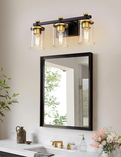 L LOHAS LED 3 LIGHT BATHROOM VANITY LIGHT, BLACK AND GOLD BATHROOM LIGHT FIXTURE OVER MIRROR, MODERN LIGHTING FIXTURES WITH CLEAR GLASS SHADE, VINTAGE VANITY LIGHTS FOR BATHROOM MIRROR HALLWAY, ETL