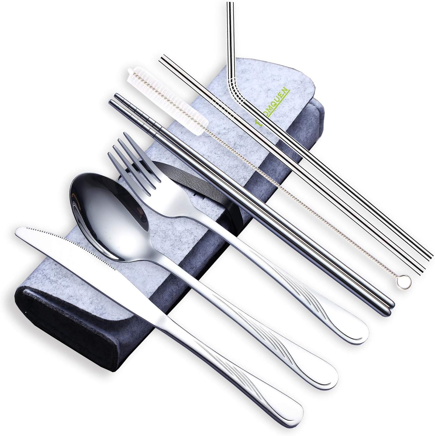 HOMQUEN Portable Utensils,Travel Camping Flatware Set,Stainless Steel Silverware Set,Include Knive/Fork/Spoon/Chopsticks/Straws/Brush/Portable Case(Silver-8 Piece)