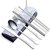 HOMQUEN Portable Utensils,Travel Camping Flatware Set,Stainless Steel Silverware Set,Include Knive/Fork/Spoon/Chopsticks/Stra