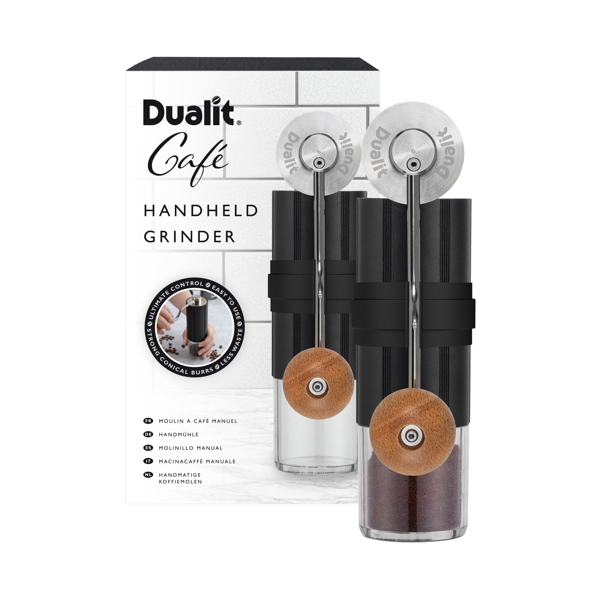 Dualit Handheld Grinder - Black & Oak | Espresso to Filter Coffee Grind Range | Silicone Handle Grip & Stainless Steel Conical Burr | Non Slip, Easy to Turn Handle | 40 Grind Settings